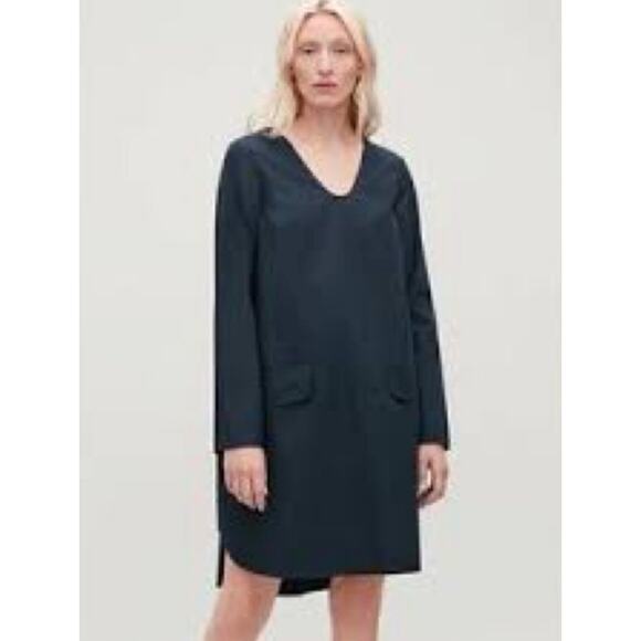 COS Long Sleeve Dress Cotton Poplin Pockets Relaxed Navy EU 36 US 4 Minimalist - Picture 1 of 13